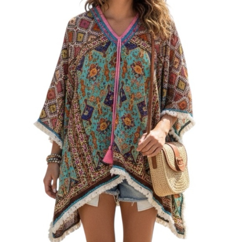 Boho Fringe Poncho Top M/L Miss Terre Festival Kimono Style